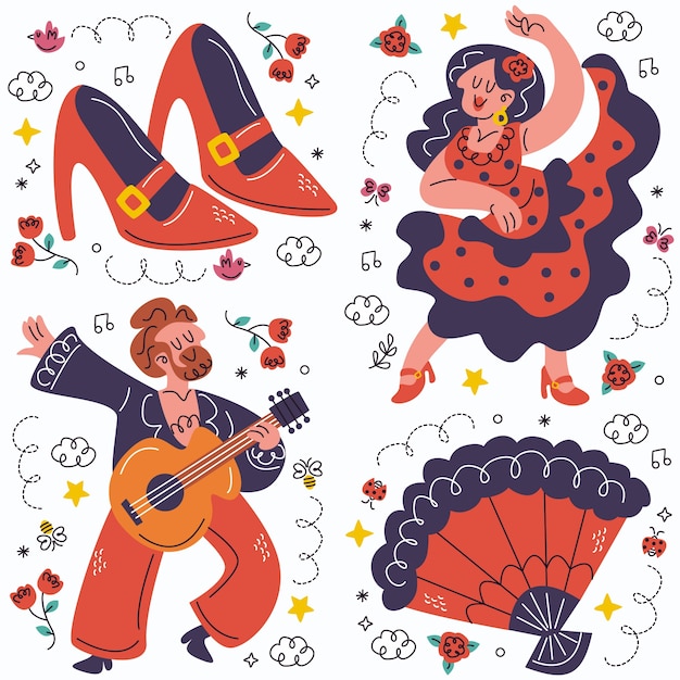 Vetor grátis coleção de adesivos de doodle flamenco