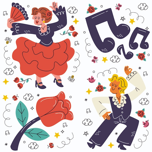 Vetor grátis coleção de adesivos de doodle flamenco