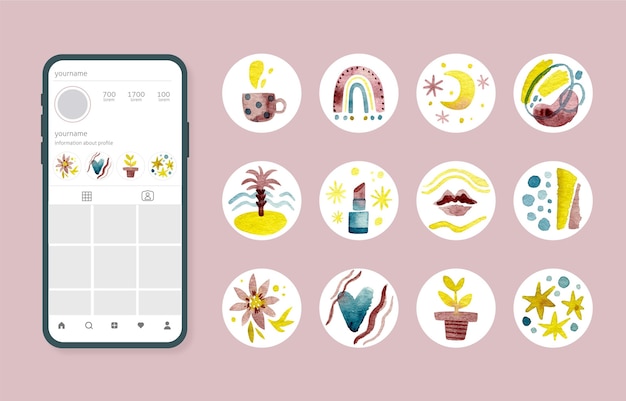 Vetor grátis coleção de destaques do instagram em aquarela