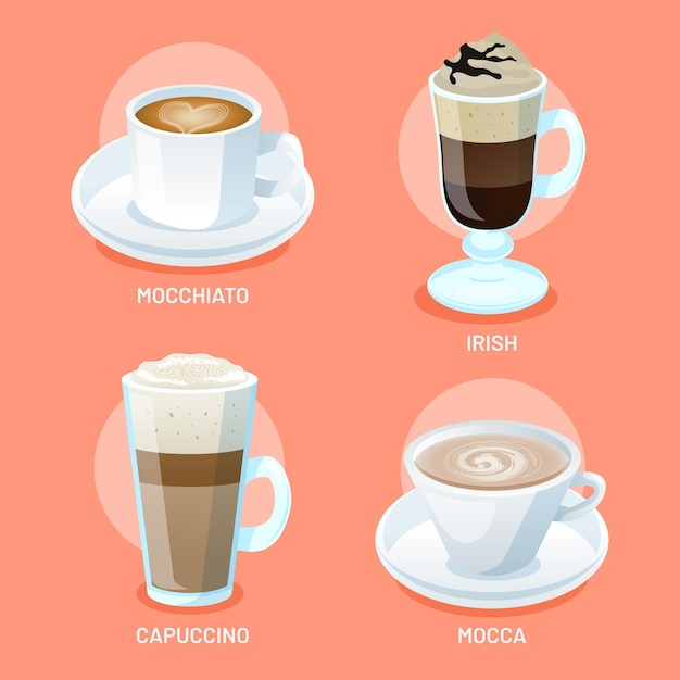 Vetor grátis coleção de diferentes tipos de café delicioso