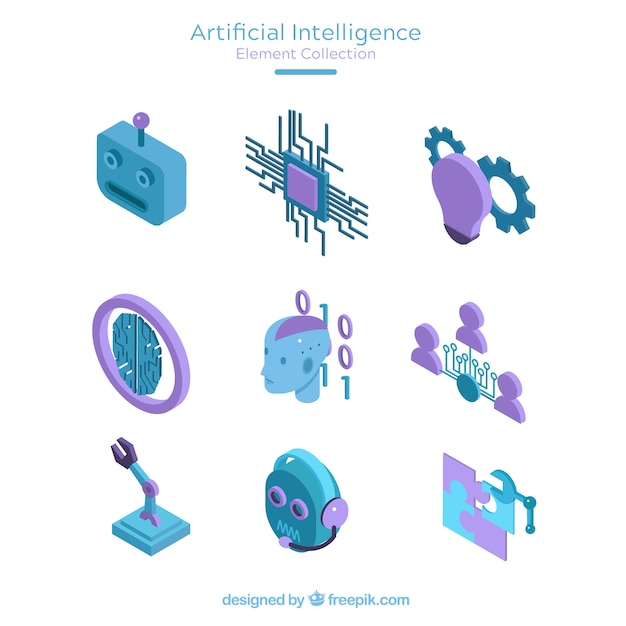 Coleção de elementos de inteligência artificial no estilo isométrico