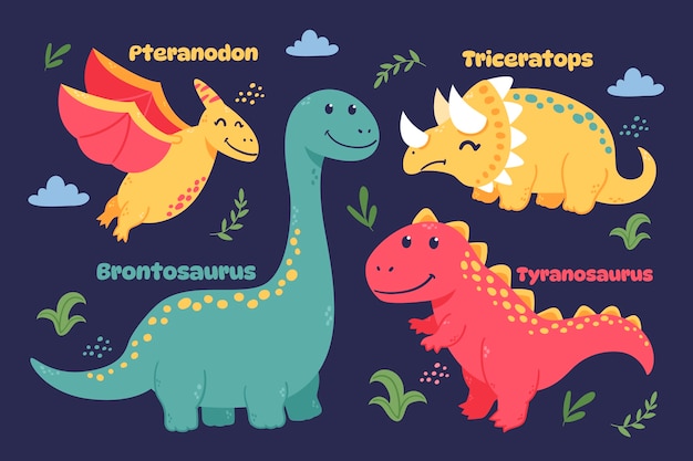 Vetor grátis coleção de elementos de nomes de dinossauros desenhados à mão