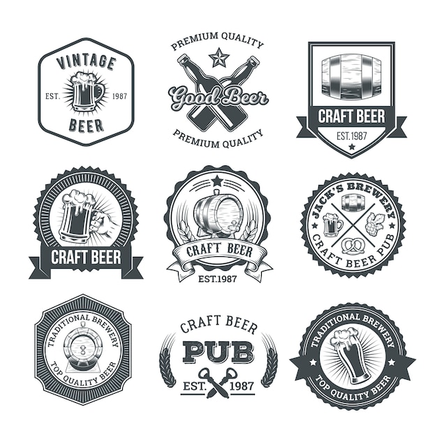 Coleção de emblemas de cerveja retro, emblemas, adesivos