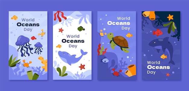 Vetor grátis coleção de histórias do instagram do dia mundial dos oceanos desenhada à mão