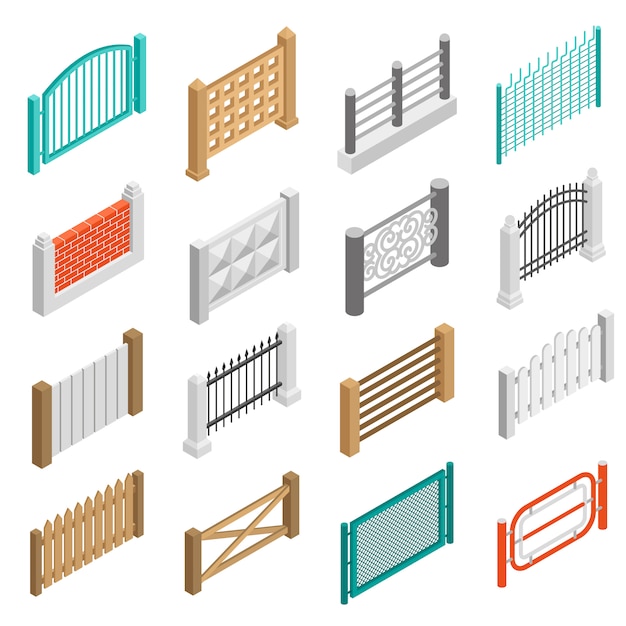 Coleção de isométrica de ícones de elementos de tipos de cercas