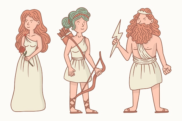 Vetor grátis coleção de personagens de mitologia grega desenhada à mão