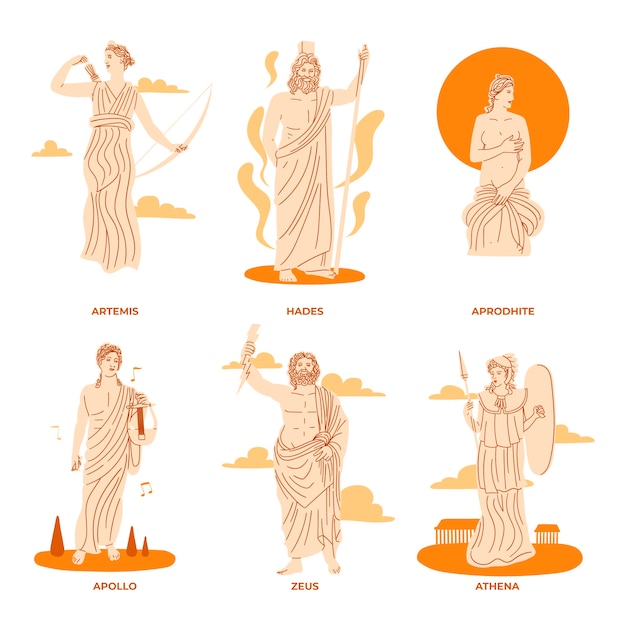 Vetor grátis coleção de personagens de mitologia grega desenhada à mão