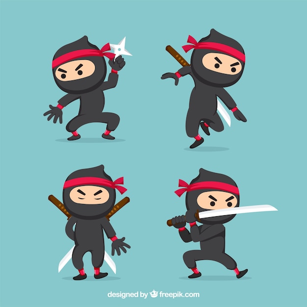 Vetor grátis coleção de personagens ninjas com poses diferentes