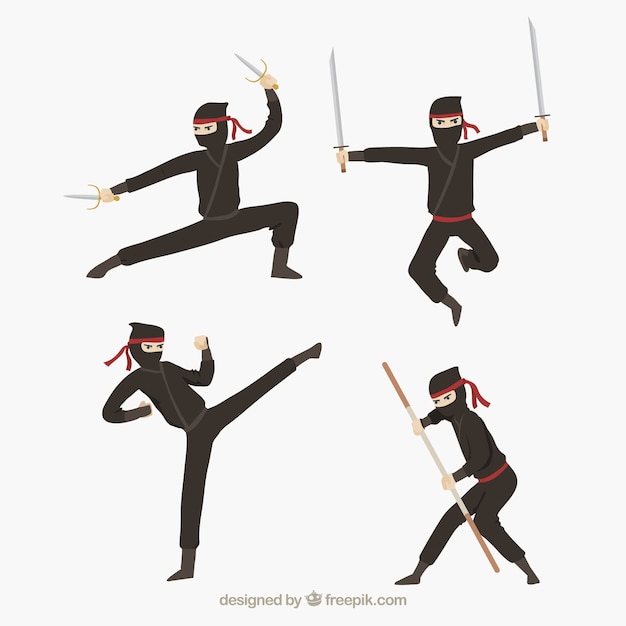 Vetor grátis coleção de personagens plana ninja em poses diferentes