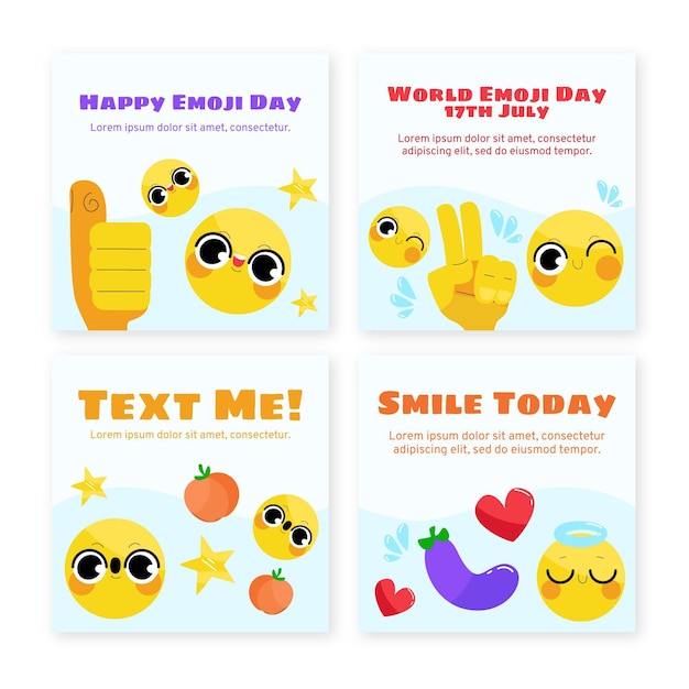 Vetor grátis coleção de postagens do instagram do dia do emoji do mundo plano