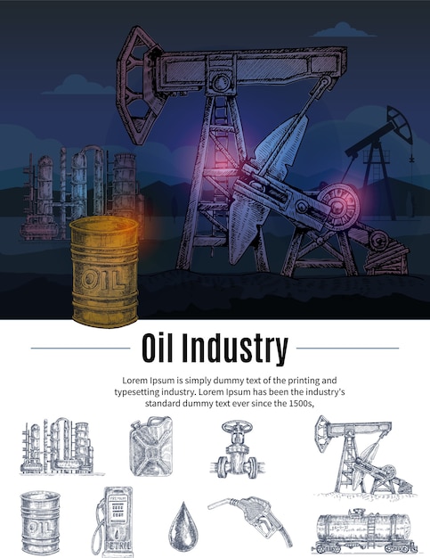 Vetor grátis composição da indústria de petróleo desenhada