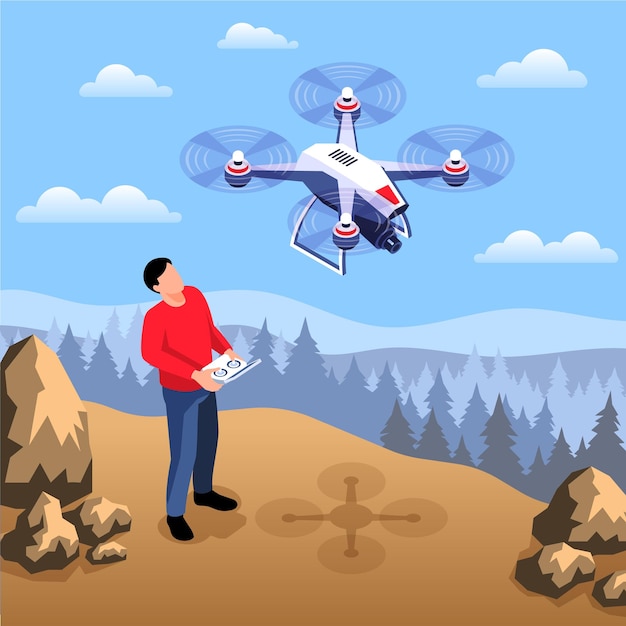 Vetor grátis composição de operador de drone isométrico com paisagem selvagem ao ar livre e homem com dispositivo remoto e ilustração de quadricóptero voador