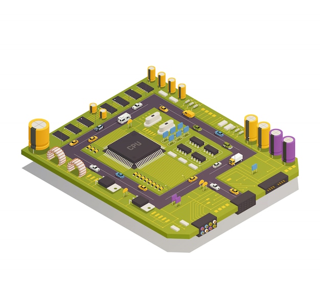 Composição isométrica de componentes eletrônicos de semicondutores