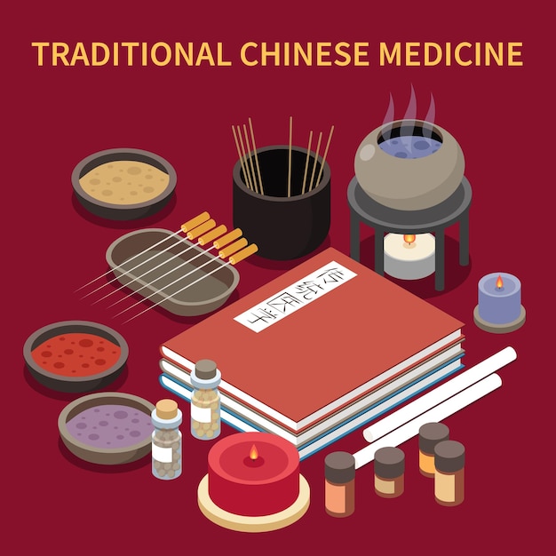 Vetor grátis composição isométrica de medicina alternativa com pilha de livros chineses com frascos de pratos e frascos ilustração vetorial de agulhas de acupuntura