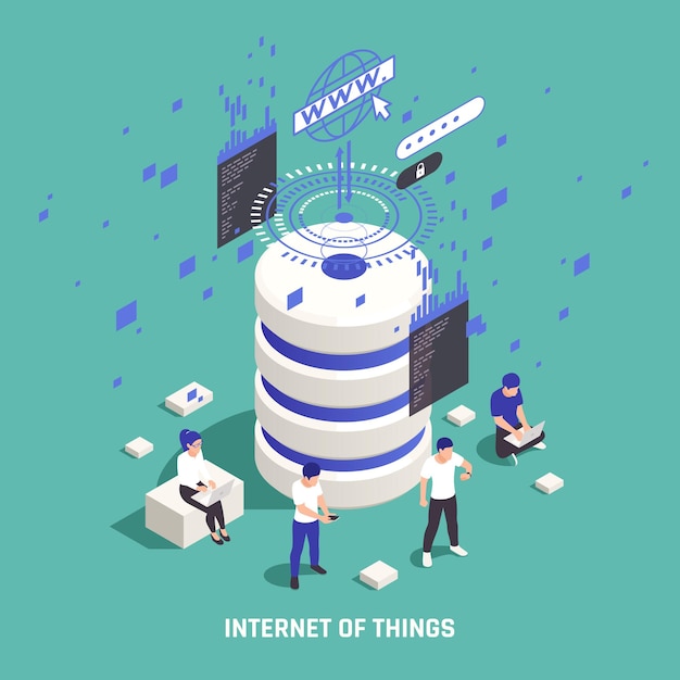 Composição isométrica IOT com equipamentos de internet de pessoas e ilustração vetorial de descrição da internet das coisas