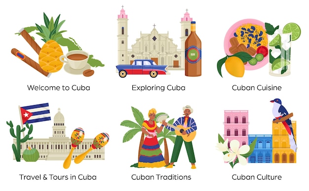 Vetor grátis composições de viagens a cuba com elementos de culinária, cultura e tradição isolados ilustração vetorial plana