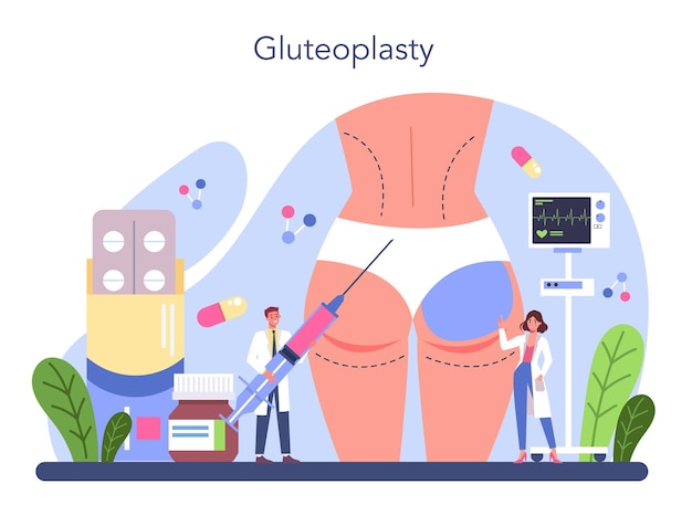 Vetor grátis conceito de cirurgião plástico idéia de correção de corpo e rosto procedimento de gluteoplastia ilustração vetorial em estilo cartoon