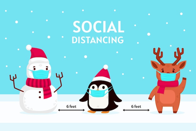 Vetor grátis conceito de distanciamento social com personagens de natal