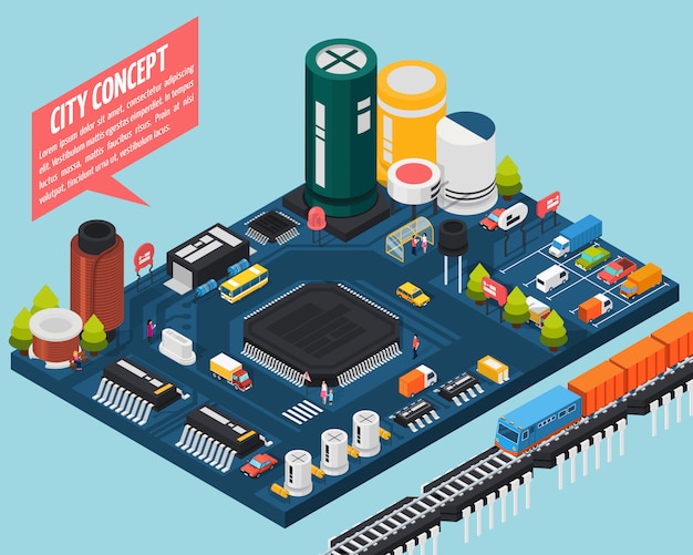 Conceito isométrico da cidade dos componentes eletrônicos do semicondutor