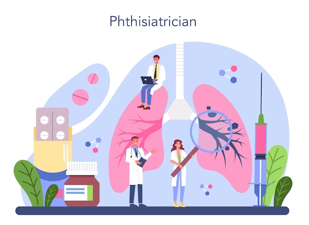 Vetor grátis conceito phthisiatrician médico de pé em grandes pulmões e verificando-o com estetoscópio sistema pulmonar saudável teste e tratamento de tuberculose ilustração vetorial plana isolada