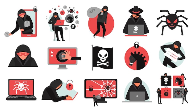 conjunto de atividades do hacker de ícones pretos vermelhos quebrando malware de conta