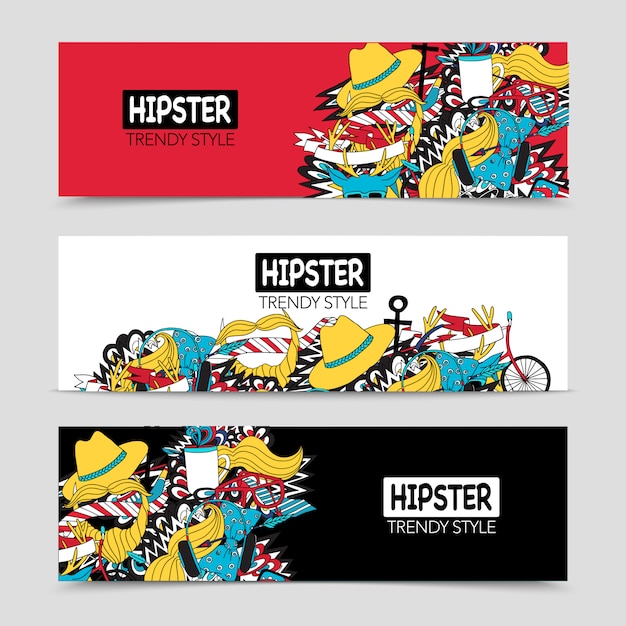 Vetor grátis conjunto de banners horizontais interativos de hipster 3