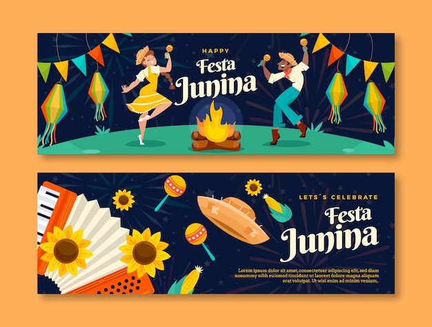 Vetor grátis conjunto de banners horizontais planos festas juninas