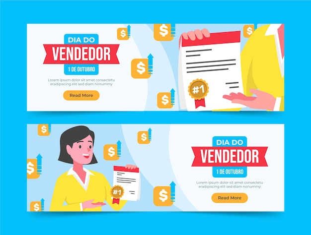 Vetor grátis conjunto de banners horizontais planos para o dia do vendedor