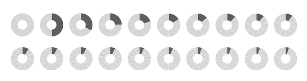 Conjunto de círculos segmentados isolado em um fundo branco. Conjunto grande de fração, de diagramas de roda. Vários números de setores dividem o círculo em partes iguais.