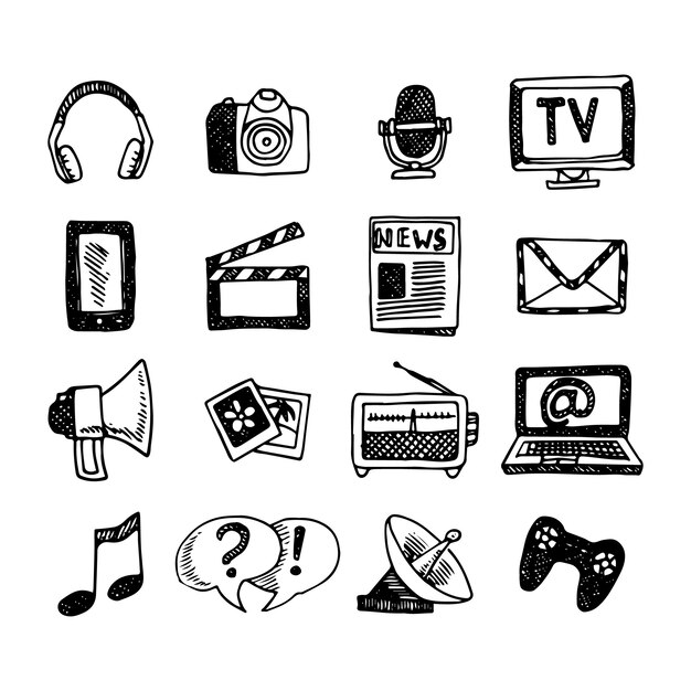 Vetor grátis conjunto de desenho de ícones de mídia e notícias