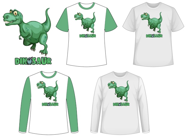 Conjunto de diferentes tipos de camisa com tema de dinossauro e logotipo de dinossauro