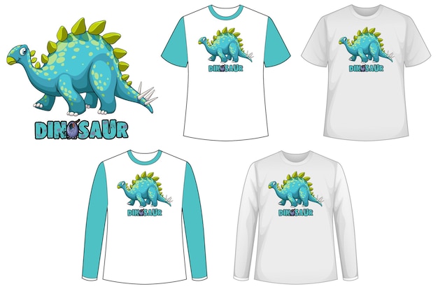 Conjunto de diferentes tipos de camisa com tema de dinossauro e logotipo de dinossauro