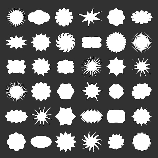 Conjunto de distintivo de estrelas pegajosas. Rótulo de etiqueta de ícone, símbolo em branco, redondo e nuvem