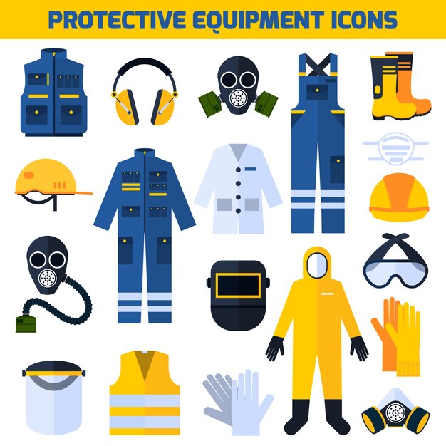 Conjunto de elementos plana de equipamento de uniformes de proteção