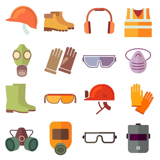 Vetor grátis conjunto de ícones de vetor de equipamentos de segurança de trabalho plano. ícone de segurança, equipamento de capacete, trabalho industrial, capacete de segurança e ilustração de bota de proteção