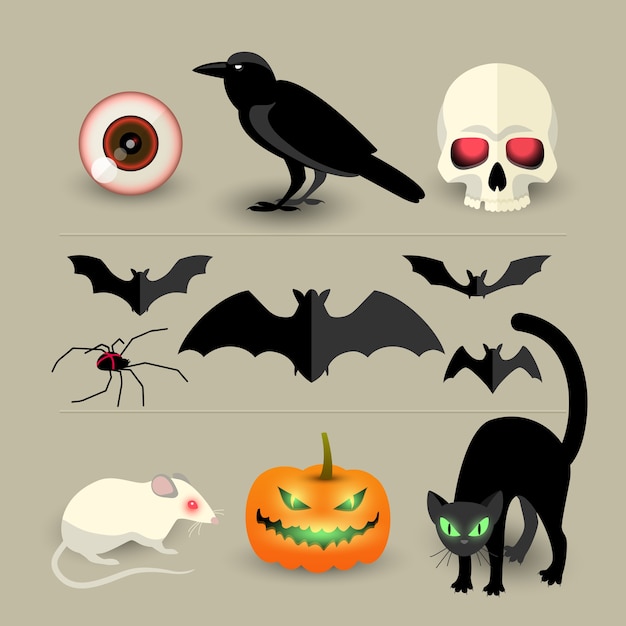 Conjunto de ícones decorativos isolados de Halloween de abóbora morcego corvo crânio aranha gato preto e desenho de rato branco