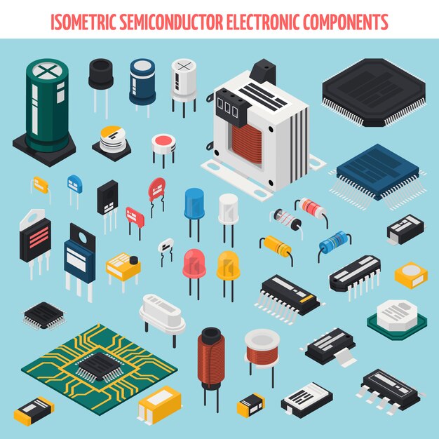 Conjunto de ícones isométrica de componentes eletrônicos de semicondutores