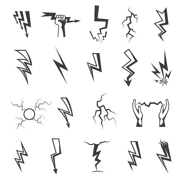 Conjunto de ícones monocromáticos de relâmpago