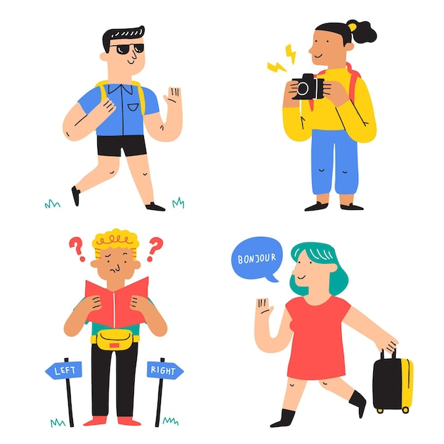 Vetor grátis conjunto de ilustração de turistas desenhados à mão