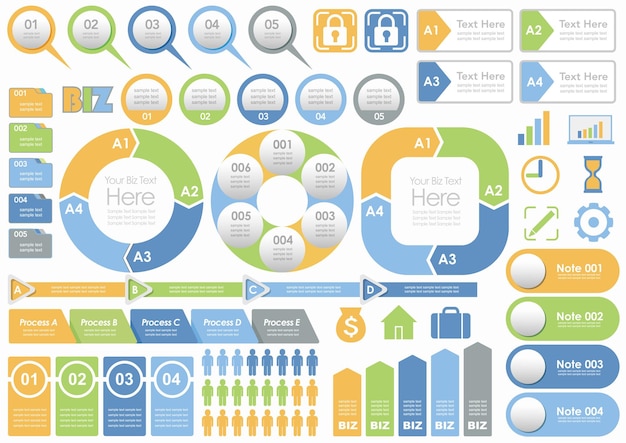 Conjunto de infográficos de negócios e etiquetas isoladas em uma ilustração vetorial de fundo branco