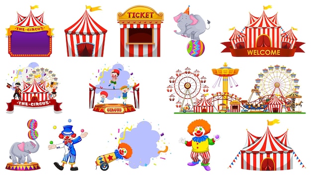 Conjunto de personagens de circo e elementos de parque de diversões