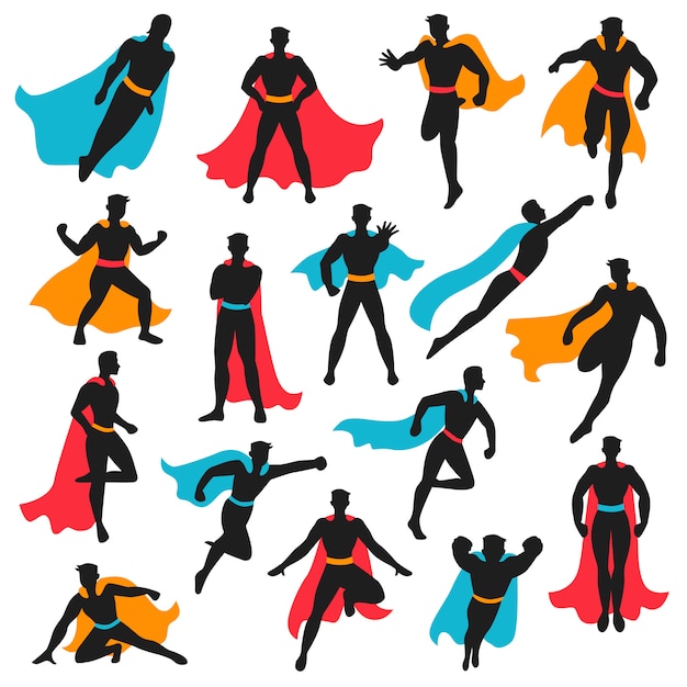 Conjunto de silhuetas de super-herói preto