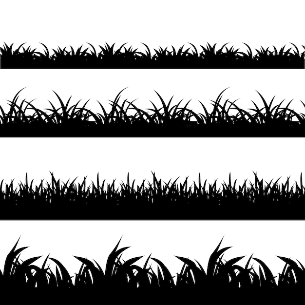 Conjunto de vetores de silhueta preta de grama perfeita. Ilustração monocromática de natureza, planta e campo da paisagem