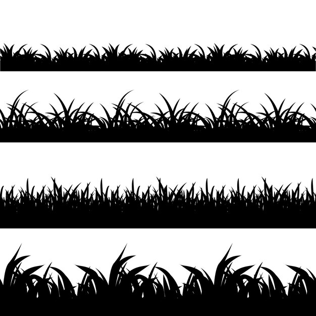 Conjunto de vetores de silhueta preta de grama perfeita. Ilustração monocromática de natureza, planta e campo da paisagem