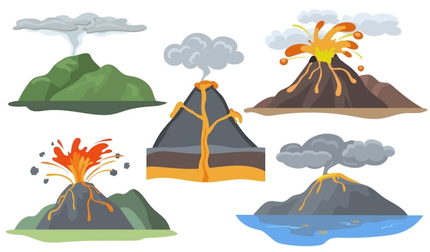 Vetor grátis conjunto de vulcões em explosão. paisagem com erupção de magma, lava, fogo, fumaça e cinzas.