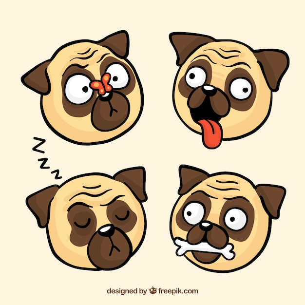 Vetor grátis conjunto divertido de pugs desenhados a mão