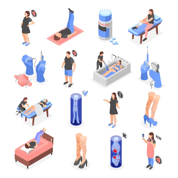 Vetor grátis conjunto isométrico varicoso de ícones isolados com personagens humanos de exercícios de sintomas de pacientes e ilustração vetorial de suprimentos médicos