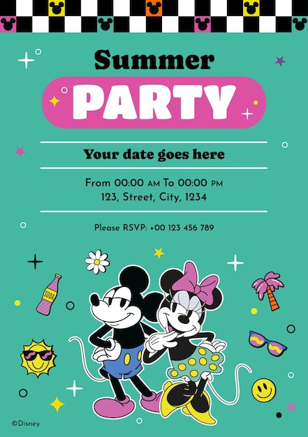 Vetor grátis convite para festa de verão do mickey mouse