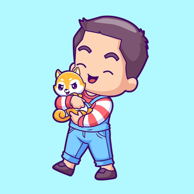 Vetor grátis cute boy holding shiba inu dog cartoon icon vector ilustração pessoas icon animal isolado flat