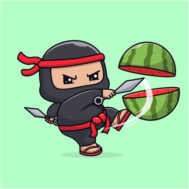 Vetor grátis cute ninja slash watermelon com kunai knife cartoon vector icon ilustração pessoas alimentos isolados